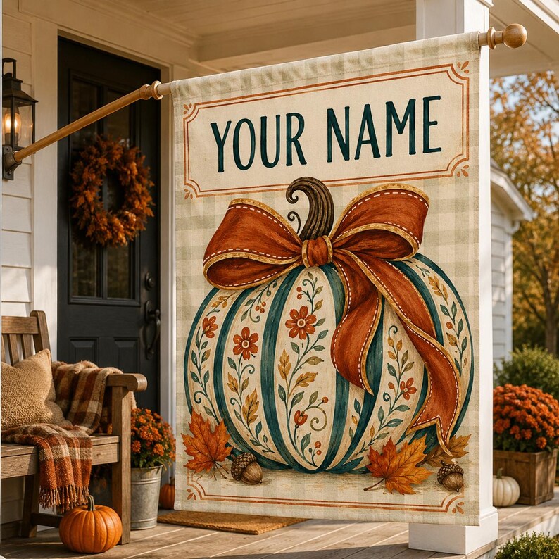 Personalized Fall Pumpkin Garden Flag, Custom Family Name Linen Yard Decor