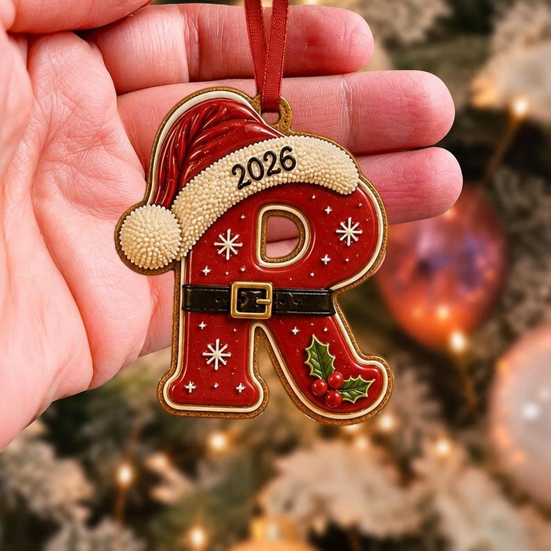Personalized Christmas Letter Ornament, Custom Kids Name Ornament, Santa Hat Initial Ornament