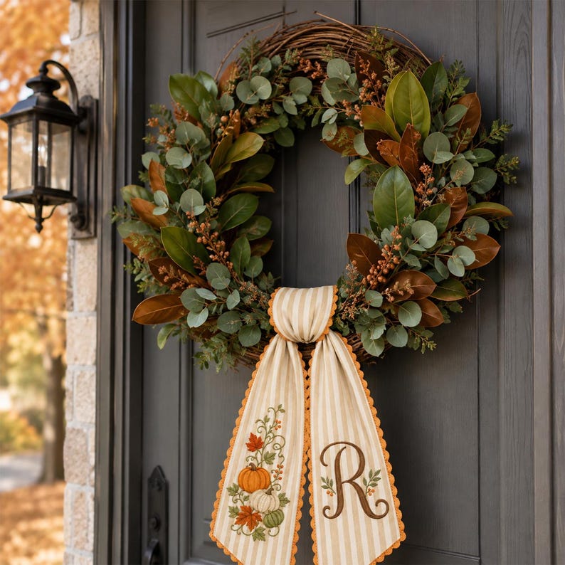 Personalized Fall Wreath Sash Custom Initial Autumn Front Door Decor