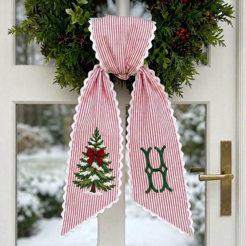 Personalized Christmas Wreath Sash, Embroidered Tree Monogram Striped Ribbon