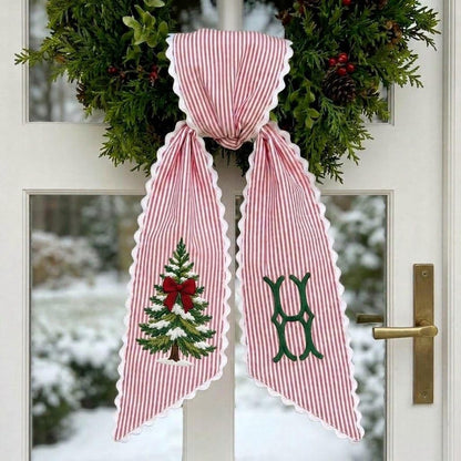 Personalized Christmas Wreath Sash, Embroidered Tree Monogram Striped Ribbon