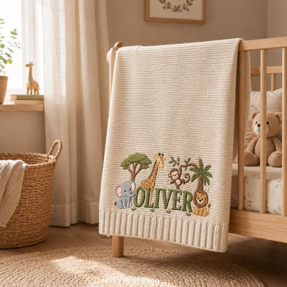 Personalized Embroidered Lion Baby Blanket Name - Custom Name Knit Giraffe Safari Newborn Gift
