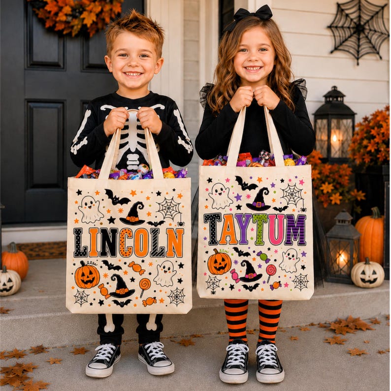 Personalized Trick or Treat Bags, Halloween Candy Bag Tote with Name