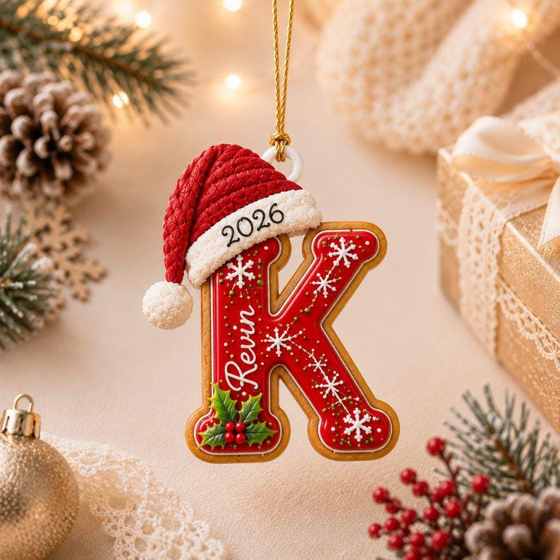 Personalized Gingerbread Letter 2D Flat Ornament, Custom Kids Name Ornament