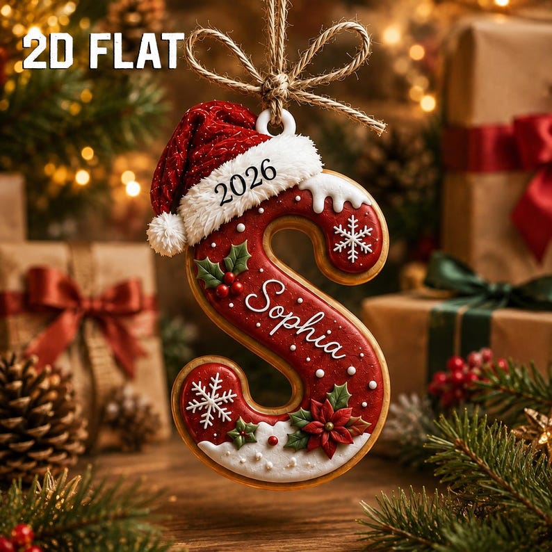 Personalized Gingerbread Letter 2D Flat Ornament, Custom Kids Name Ornament
