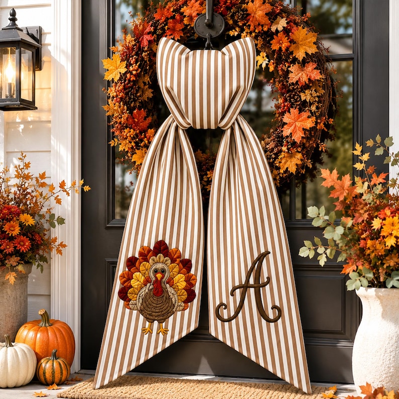Thanksgiving Wreath Sash, Custom Turkey Monogram Bow