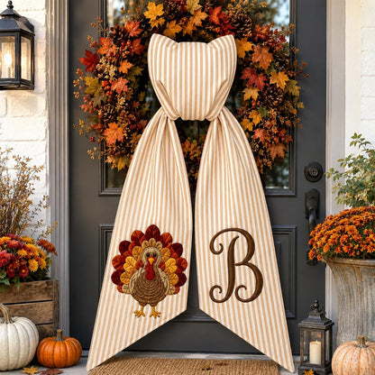Thanksgiving Wreath Sash, Custom Turkey Monogram Bow