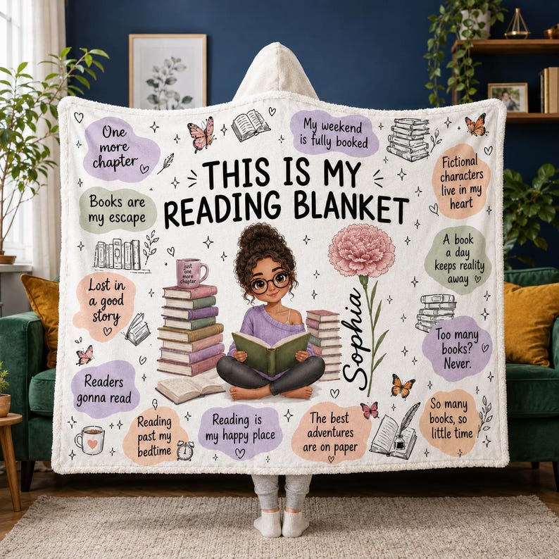 Custom Name Girl Reading Blanket, Personalized Hooded Bookish Throw Blanket