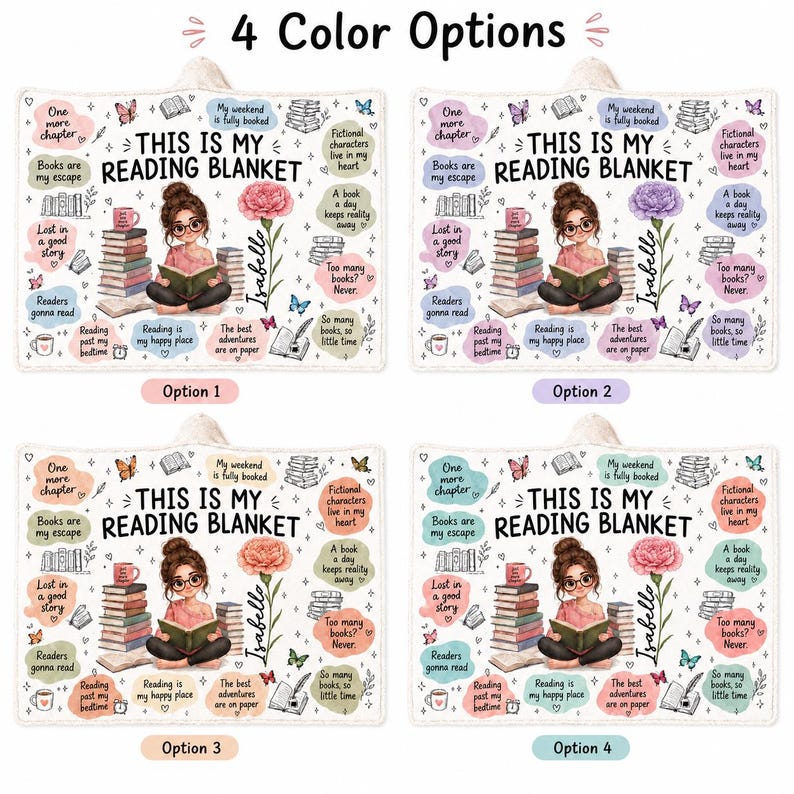 Custom Name Girl Reading Blanket, Personalized Hooded Bookish Throw Blanket