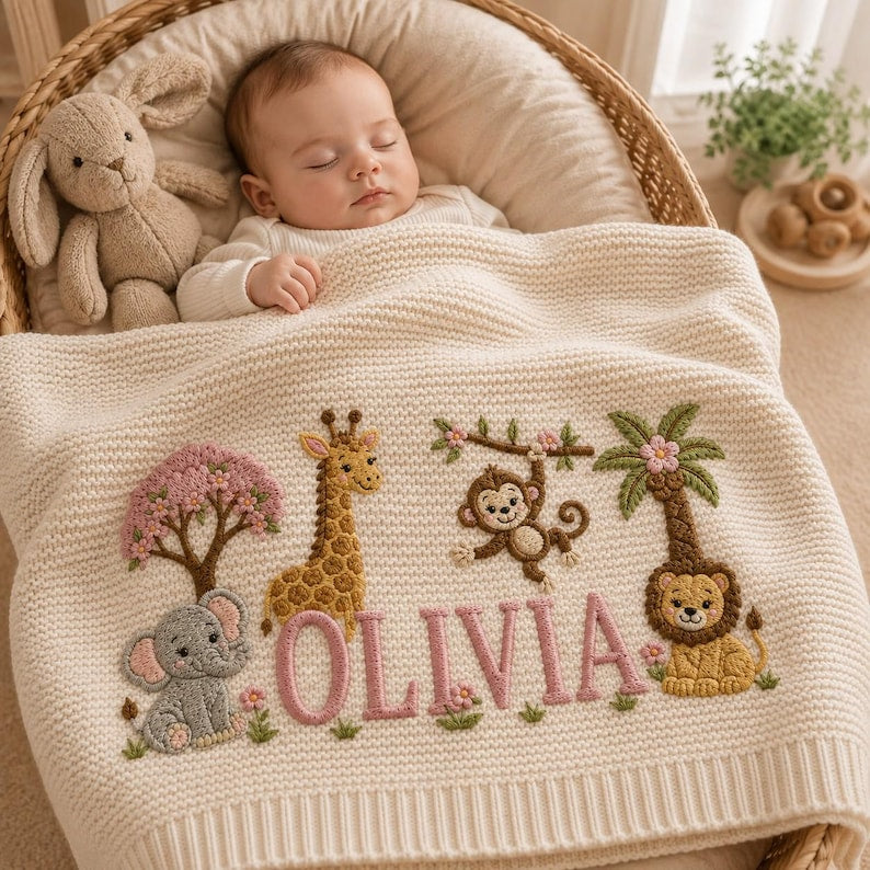 Personalized Knit Safari Animals Baby Blanket Name, Custom Embroidered Elephant Lion Baby Blanket