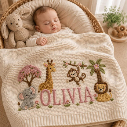 Personalized Knit Safari Animals Baby Blanket Name, Custom Embroidered Elephant Lion Baby Blanket