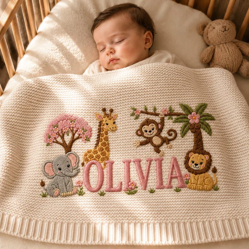 Personalized Knit Safari Animals Baby Blanket Name, Custom Embroidered Elephant Lion Baby Blanket