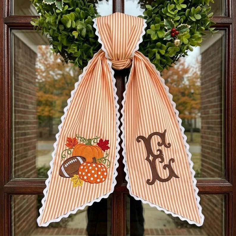 Fall Kick Off Wreath Sash, Football Pumpkin Ribbon