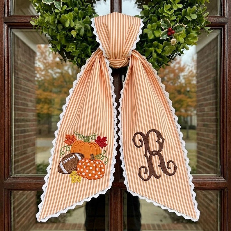 Fall Kick Off Wreath Sash, Football Pumpkin Ribbon