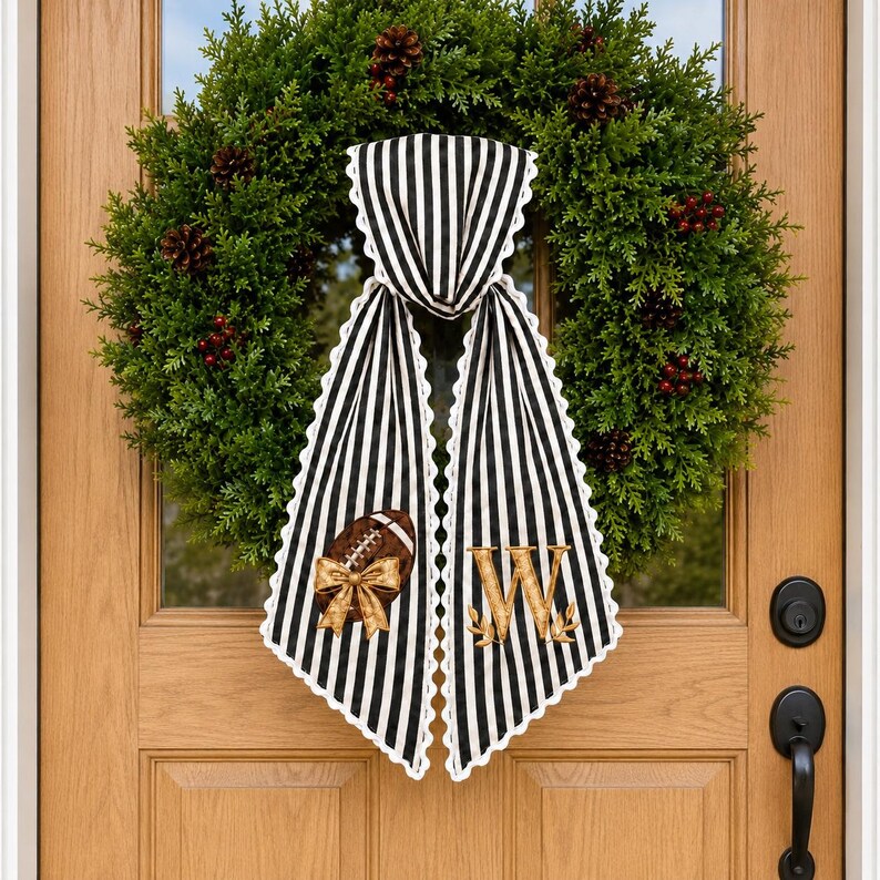 Personalized Football Wreath Sash, Black-White Stripes