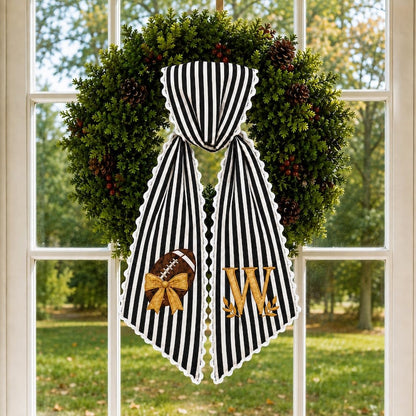 Personalized Football Wreath Sash, Black-White Stripes