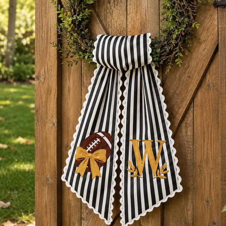 Personalized Football Wreath Sash, Black-White Stripes