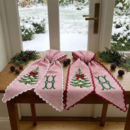 Personalized Christmas Wreath Sash, Embroidered Tree Monogram Striped Ribbon