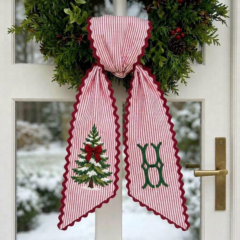 Personalized Christmas Wreath Sash, Embroidered Tree Monogram Striped Ribbon