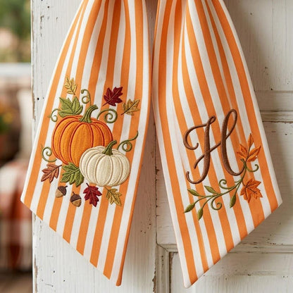 Custom Pumpkin Wreath Sash, Personalized Fall Monogram Striped Bow