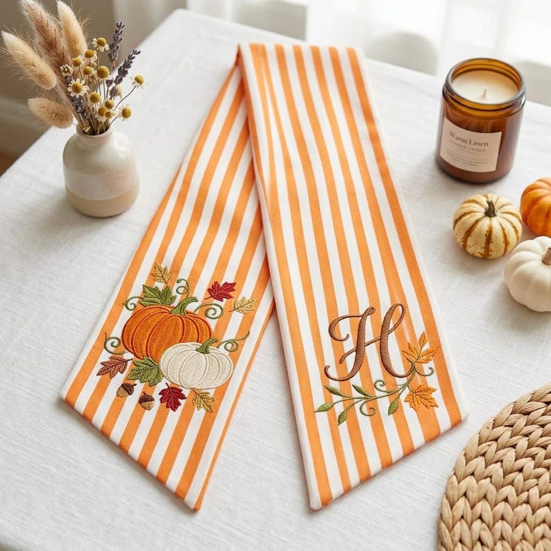 Custom Pumpkin Wreath Sash, Personalized Fall Monogram Striped Bow