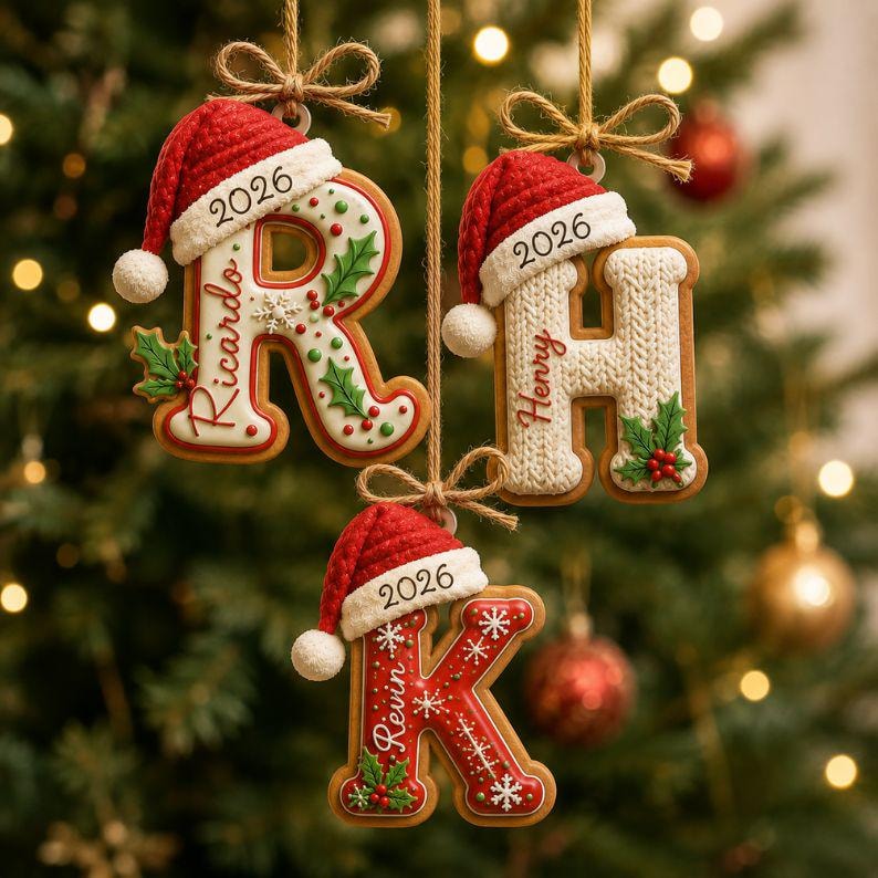 Personalized Gingerbread Letter 2D Flat Ornament, Custom Kids Name Ornament
