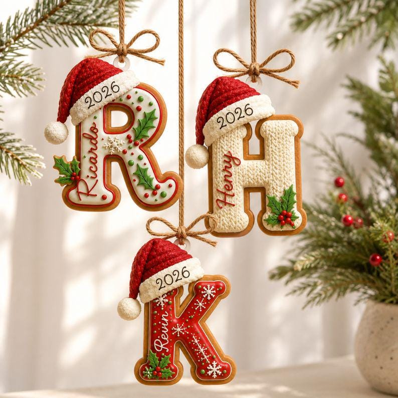 Personalized Gingerbread Letter 2D Flat Ornament, Custom Kids Name Ornament