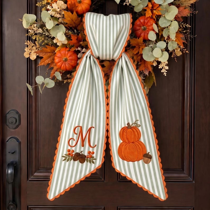 Pumpkin Monogram Wreath Sash, Personalized Fall Door Bow, Autumn Harvest Front Door Decor