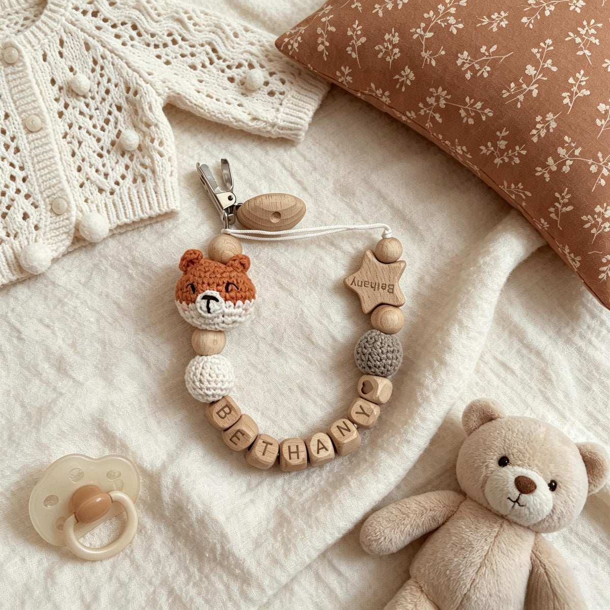 Personalized Crochet Baby Clip, Custom Baby Name Holder, Handmade Crochet Animal Accessory