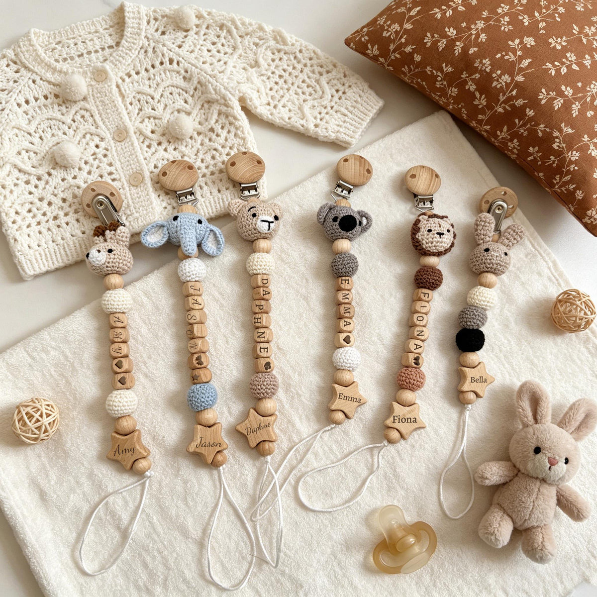 Personalized Crochet Baby Clip, Custom Baby Name Holder, Handmade Crochet Animal Accessory