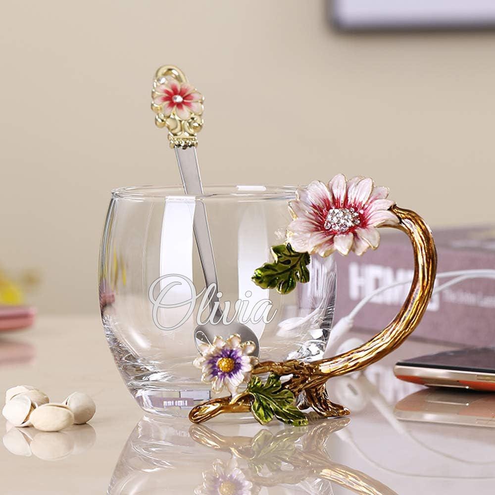 Personalized Glass Tea Cup & Spoon Flowers Floral Wedding Birthday Gift for Her Mom