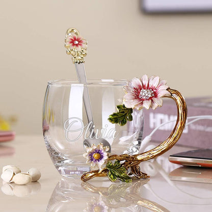 Personalized Glass Tea Cup & Spoon Flowers Floral Wedding Birthday Gift for Her Mom