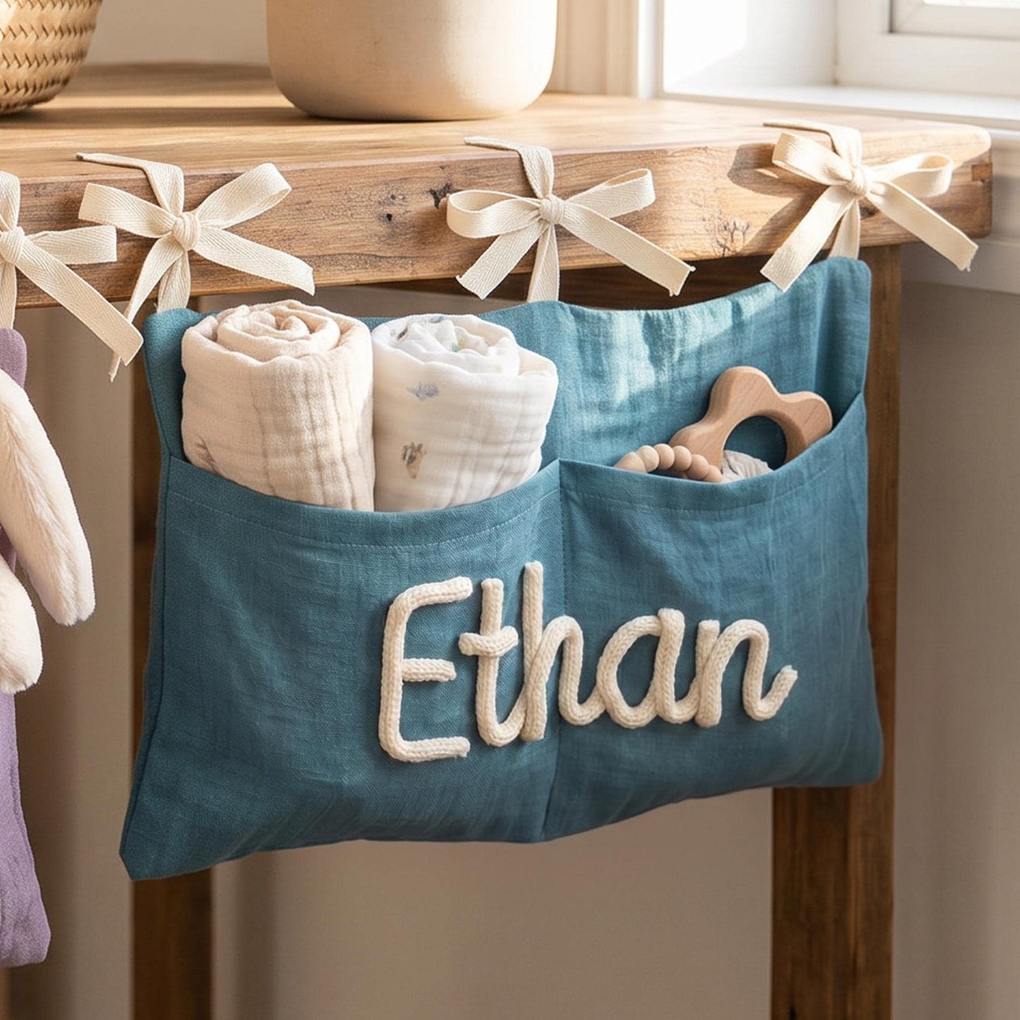 Personalized Car Backseat Organizer, Kids Car Caddy with Knit Name, Cotton Toy Storage