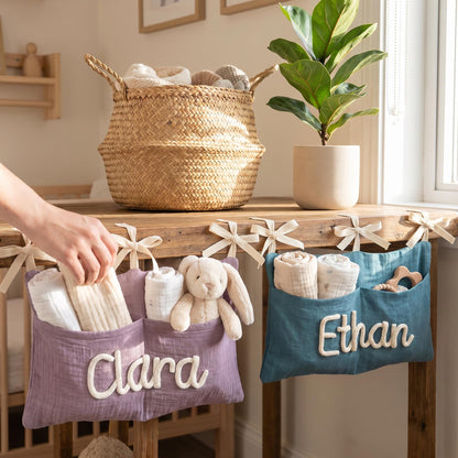 Personalized Car Backseat Organizer, Kids Car Caddy with Knit Name, Cotton Toy Storage