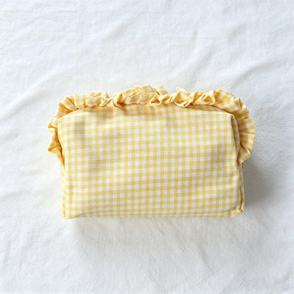 Custom Embroidered Name Gingham Makeup Bag: Ruffle Frill Plaid Cosmetic