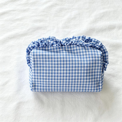 Custom Embroidered Name Gingham Makeup Bag: Ruffle Frill Plaid Cosmetic