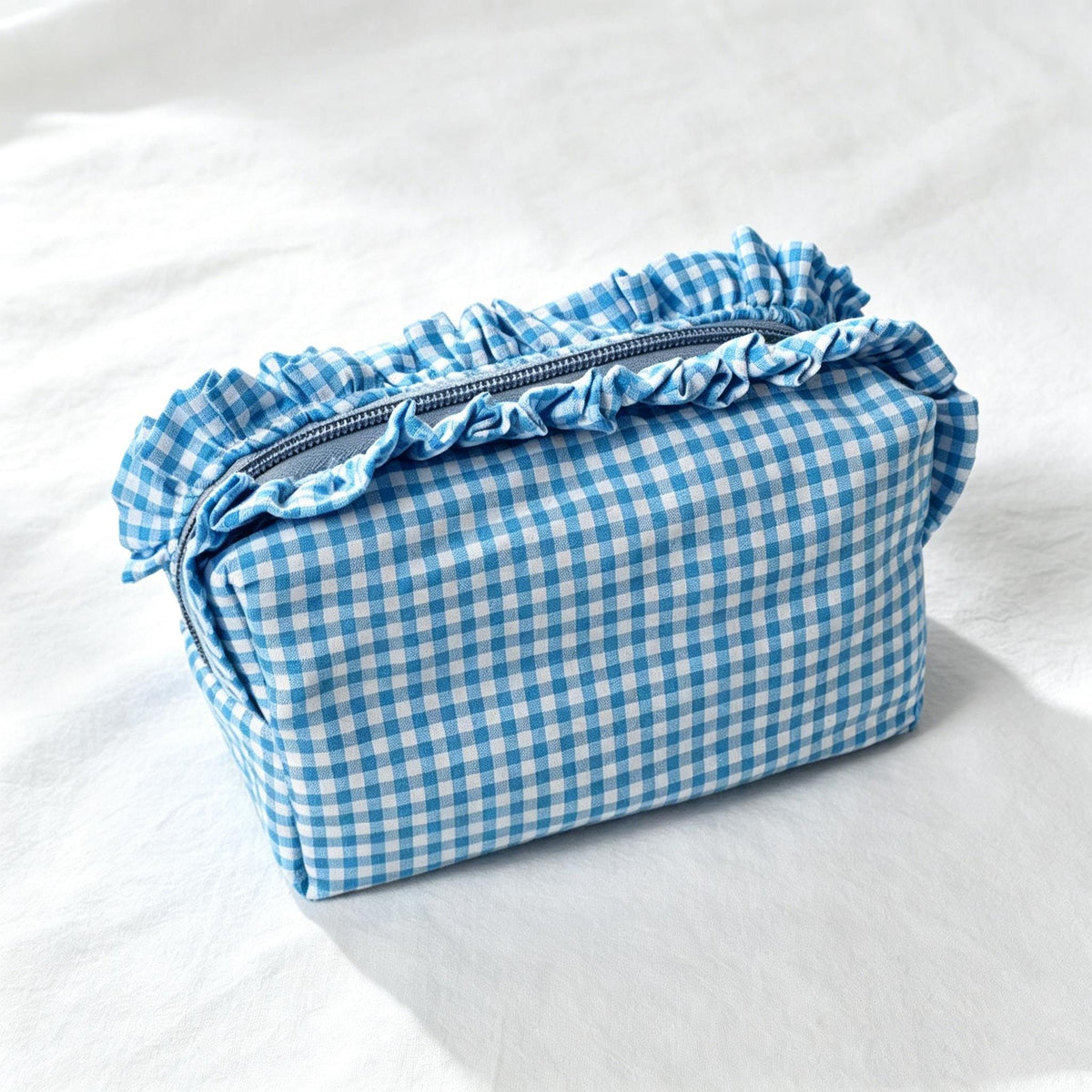 Custom Embroidered Name Gingham Makeup Bag: Ruffle Frill Plaid Cosmetic