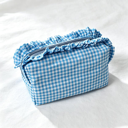Custom Embroidered Name Gingham Makeup Bag: Ruffle Frill Plaid Cosmetic