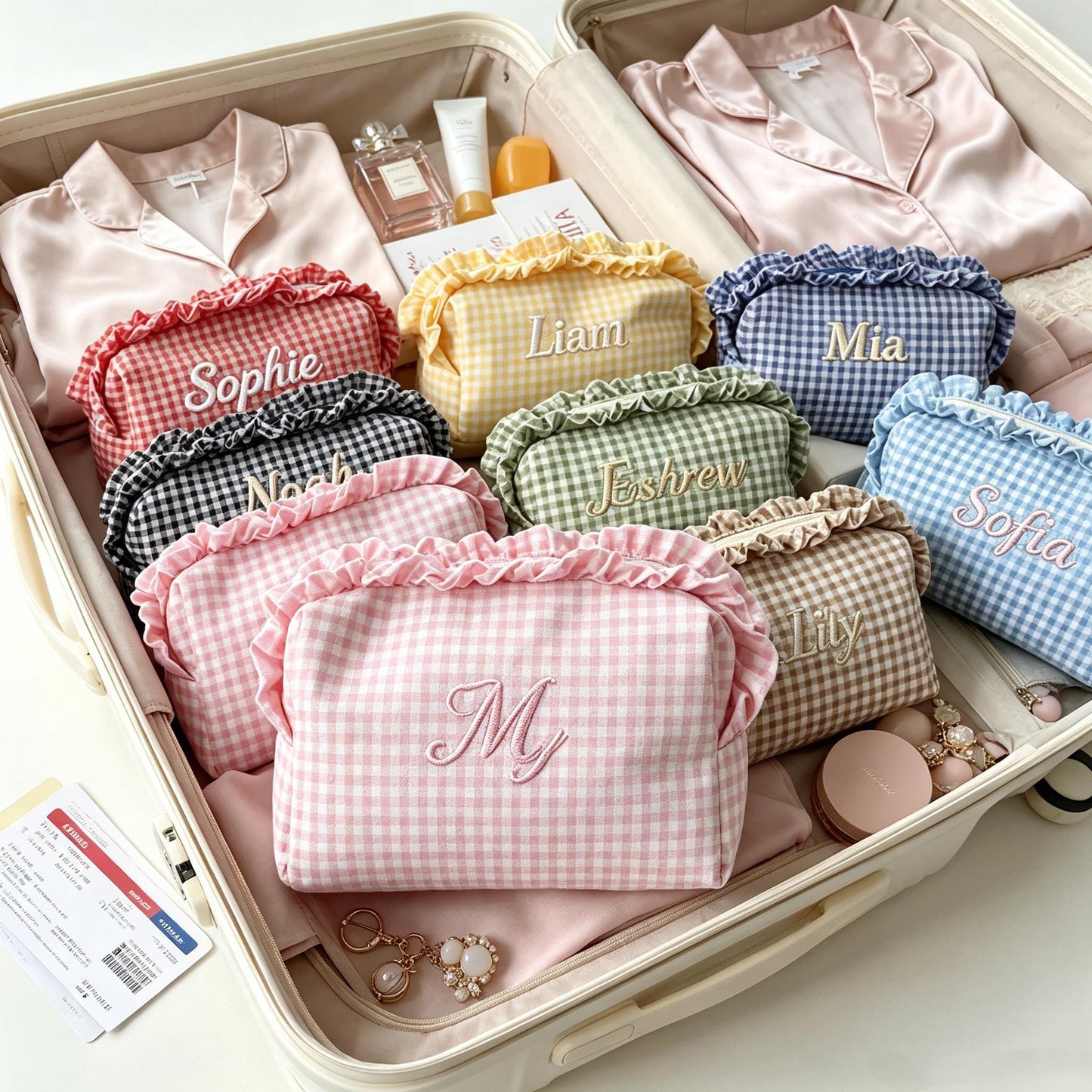Custom Embroidered Name Gingham Makeup Bag: Ruffle Frill Plaid Cosmetic