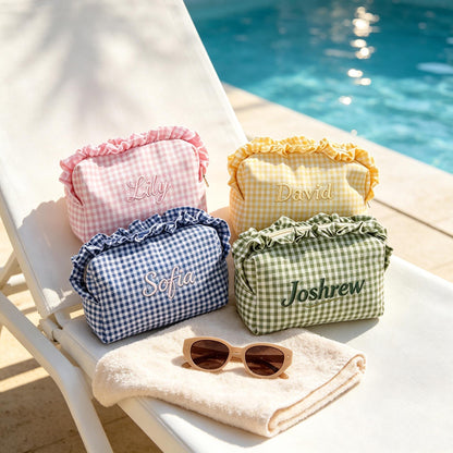 Custom Embroidered Name Gingham Makeup Bag: Ruffle Frill Plaid Cosmetic