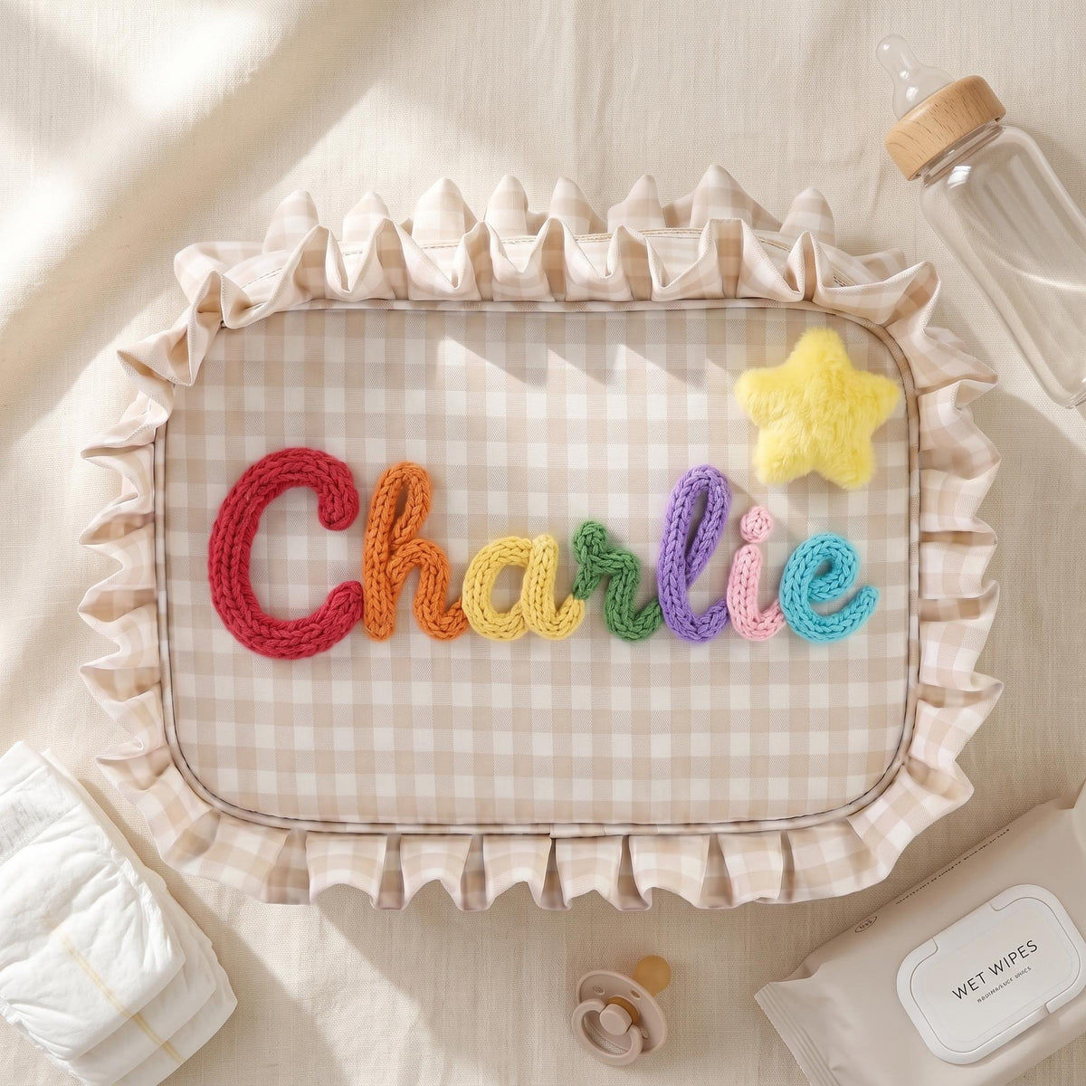 Personalized Baby Girl Diaper Bag, Custom Gingham Diaper Wipe Pouch