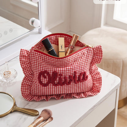 Personalized Ruffle Bridal Party Pouch,Bridesmaid Favor Personalized Makeup Bag,Getting Ready Gift