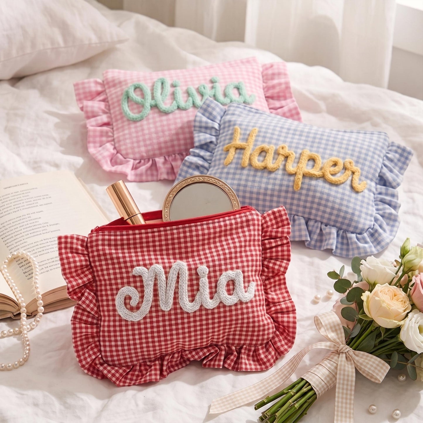 Personalized Ruffle Bridal Party Pouch,Bridesmaid Favor Personalized Makeup Bag,Getting Ready Gift