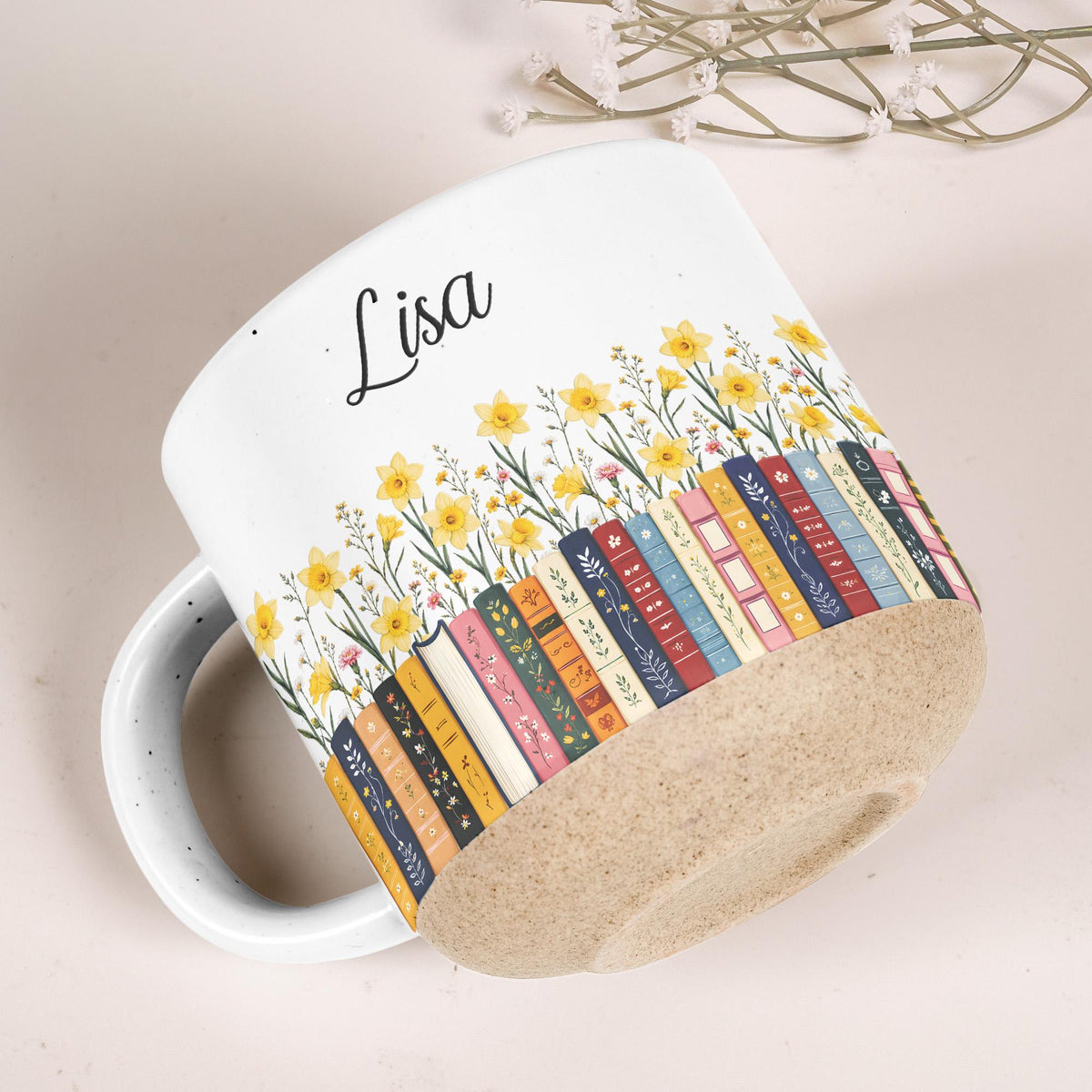 Custom Name & Birthflower Pottery Mug, Personalized Gift for Book Lovers, Book Clubs