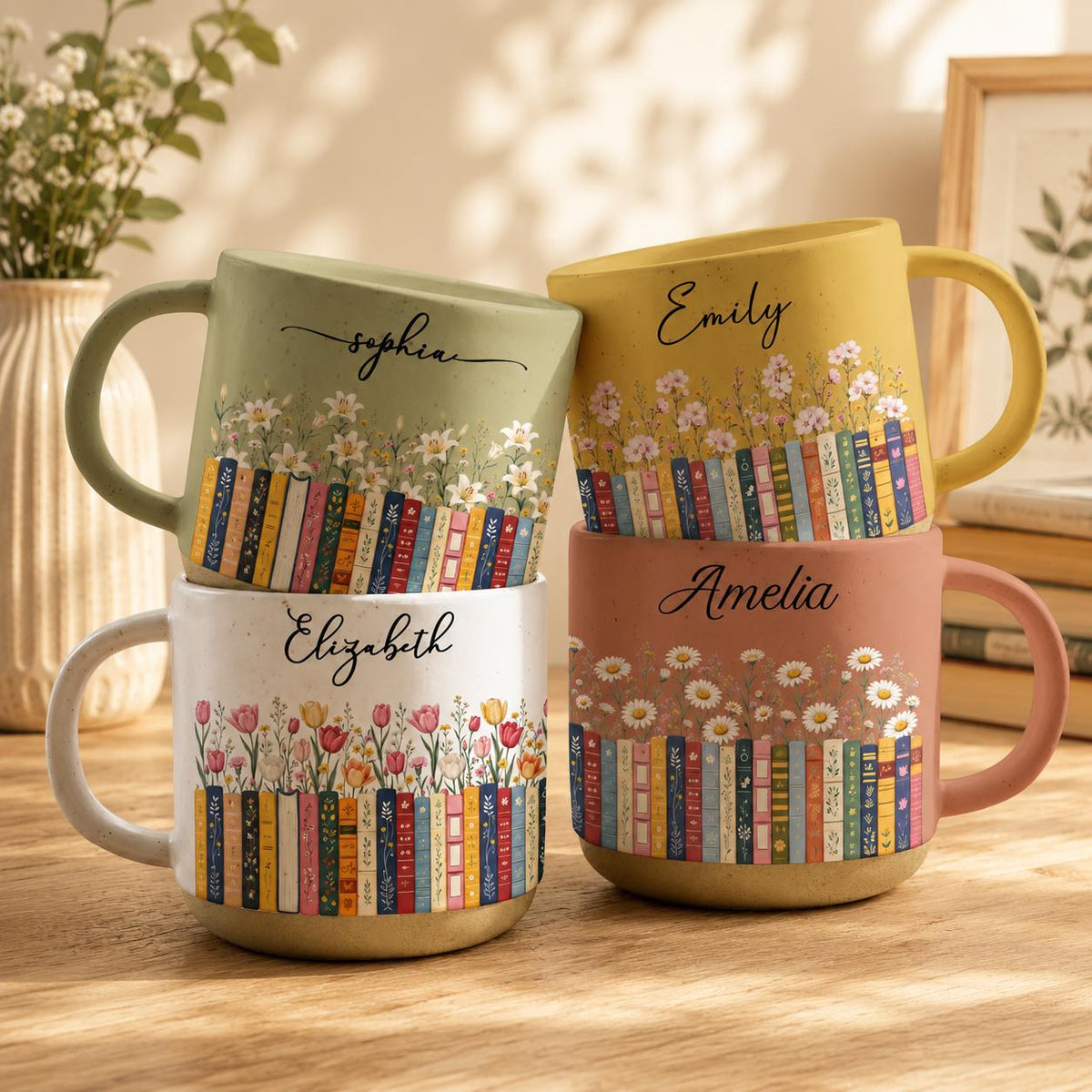 Custom Name & Birthflower Pottery Mug, Personalized Gift for Book Lovers, Book Clubs