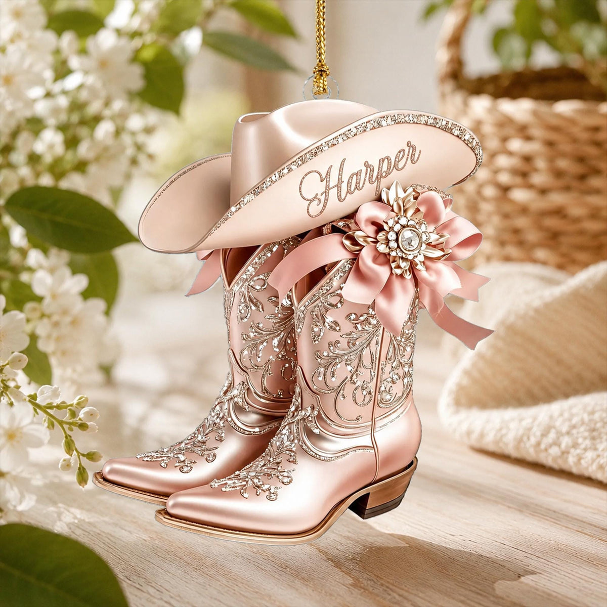 Personalized Cowgirl Boot Ornament, Custom Western Christmas Ornament, Pink Cowboy Hat Acrylic Ornament