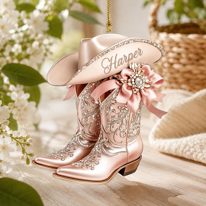 Personalized Cowgirl Boot Ornament, Custom Western Christmas Ornament, Pink Cowboy Hat Acrylic Ornament