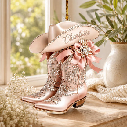 Personalized Cowgirl Boot Ornament, Custom Western Christmas Ornament, Pink Cowboy Hat Acrylic Ornament