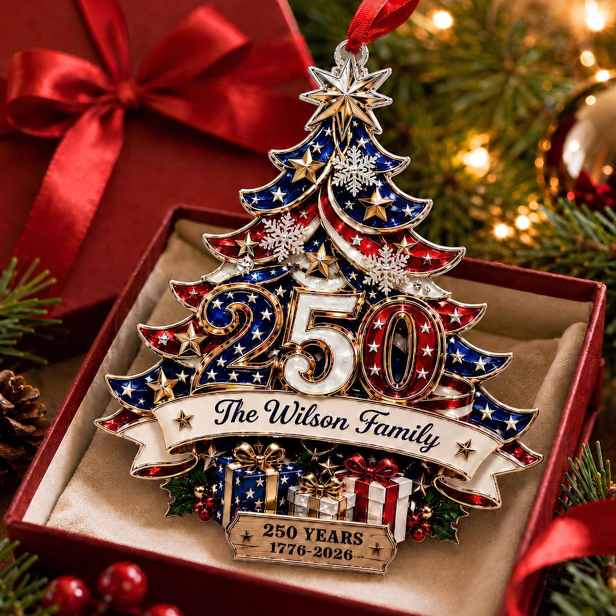 Custom 250th Anniversary Acrylic Ornament, Personalized  America Patriotic Family Christmas Tree Decor