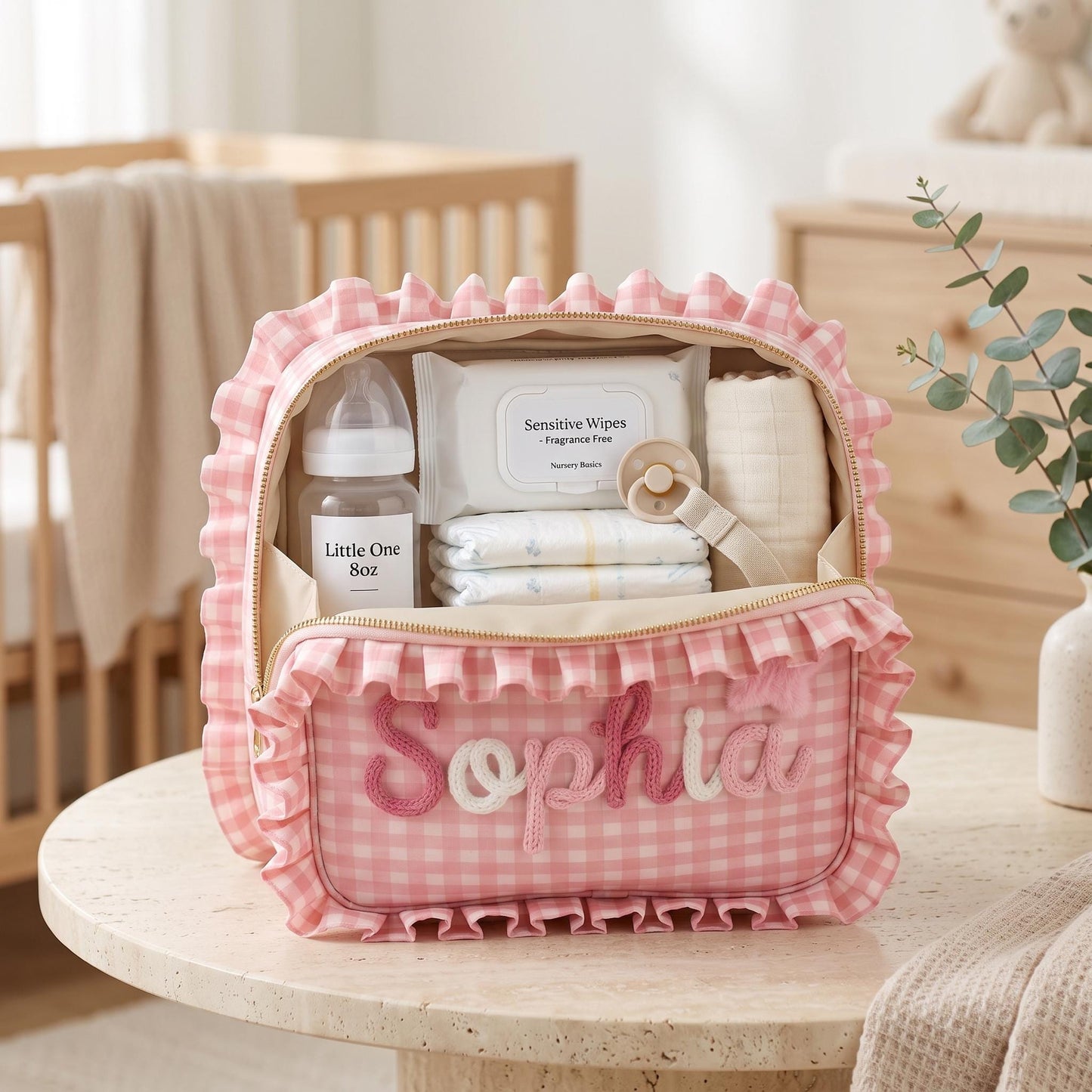 Personalized Baby Girl Diaper Bag, Custom Gingham Diaper Wipe Pouch